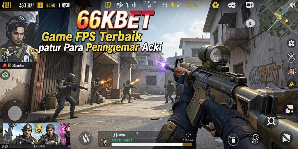 Screenshot 66KBET menampilkan momen aksi intens dalam pertempuran FPS.