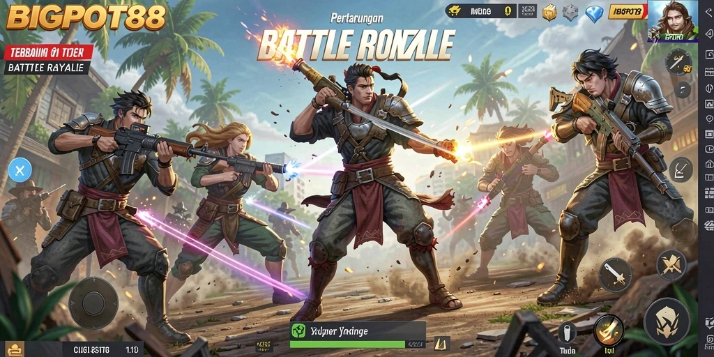 Screenshot gameplay BIGPOT88 menampilkan aksi Battle Royale yang mendebarkan.