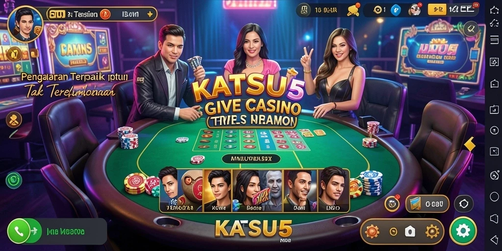 Screenshot gameplay KATSU5 menampilkan dealer langsung dan suasana kasino.