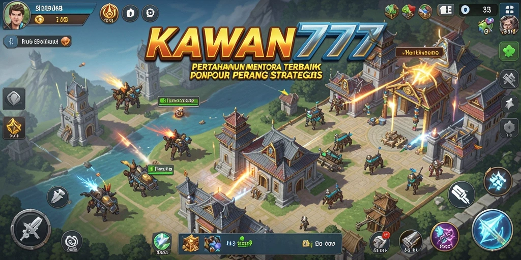 Tampilan gameplay intens dalam KAWAN777 dengan menara yang melawan musuh.