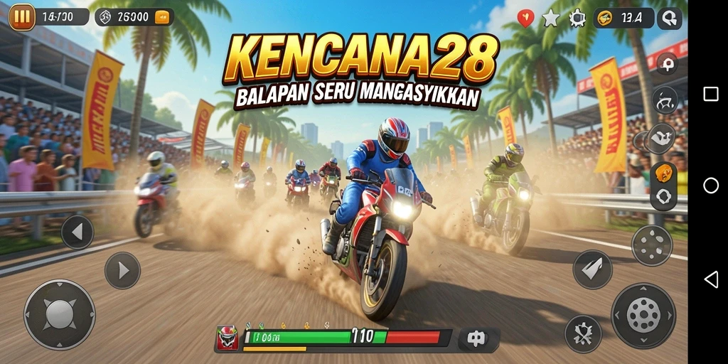 Tangkapan layar KENCANA28 menampilkan aksi balapan motor yang menegangkan.