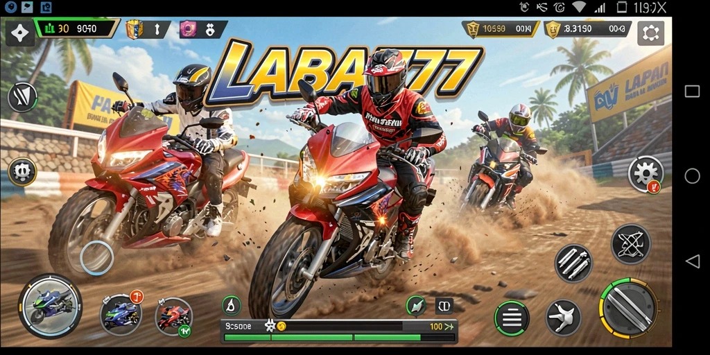 Screenshot gameplay LABA777 yang menunjukkan balapan motor yang mendebarkan.