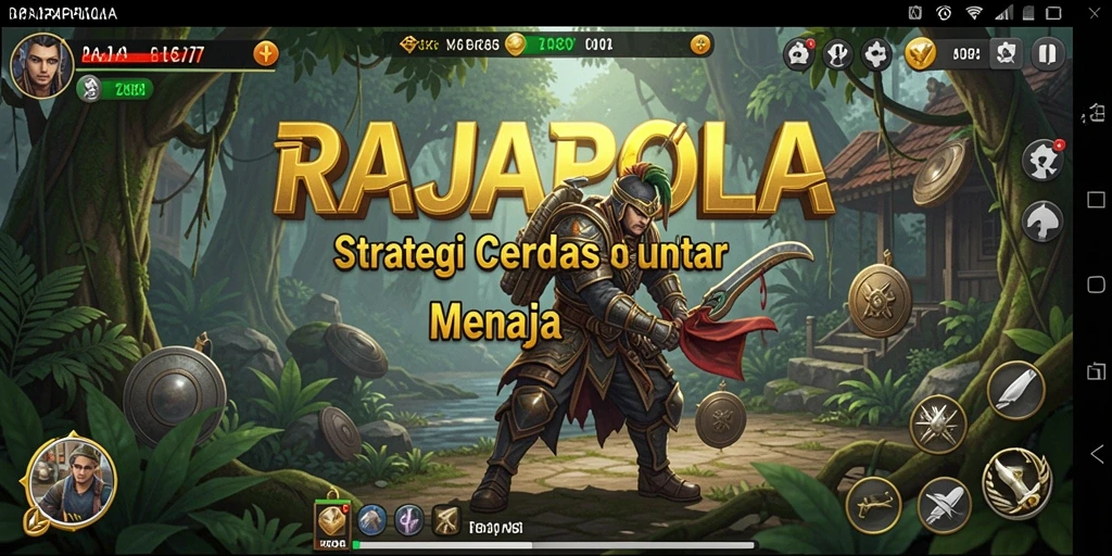 Tangkapan layar utama RAJAPOLA menampilkan aksi strategi yang seru.