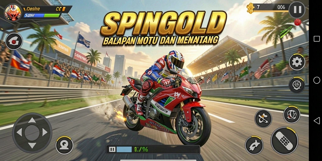 Tampilan menarik dari gameplay SPINGOLD saat balapan motor.