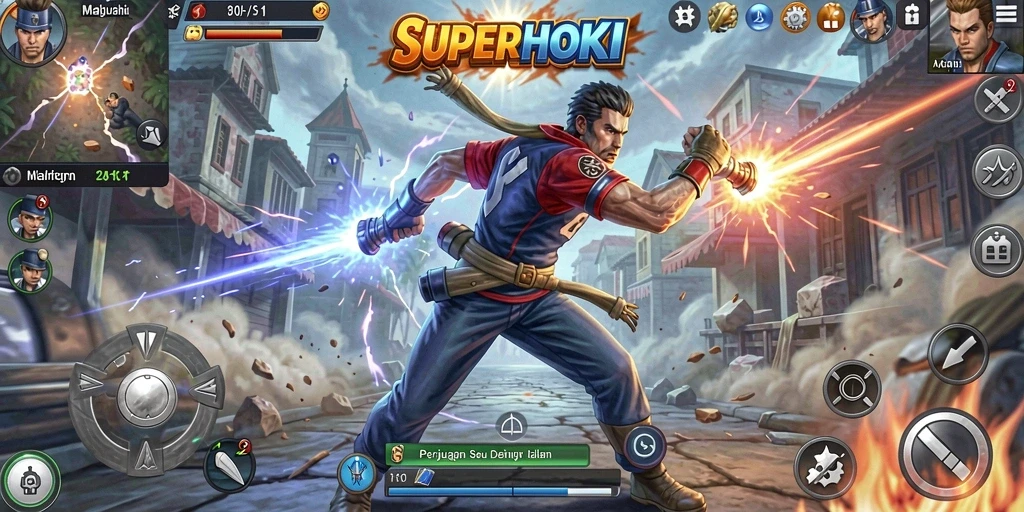 Tangkapan layar SUPERHOKI menampilkan aksi bertarung yang cepat dan mendebarkan.
